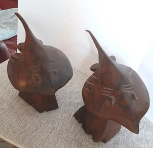 Carved Ironwood MANTA Sting RAY Sculpture Sea Life Creatures Figure Set Large  - Picture 1 of 6