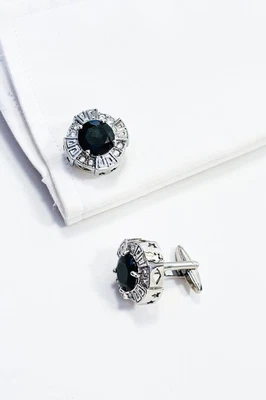 Silver round black crystal Glass Gemstone cufflinks stainless steel Men's CUFF11 - Image 1 of 3