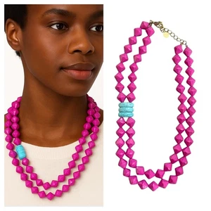 Swell Caroline Geometric Neon Pink Beaded Double Strand Necklace Aqua Accent - Picture 1 of 6