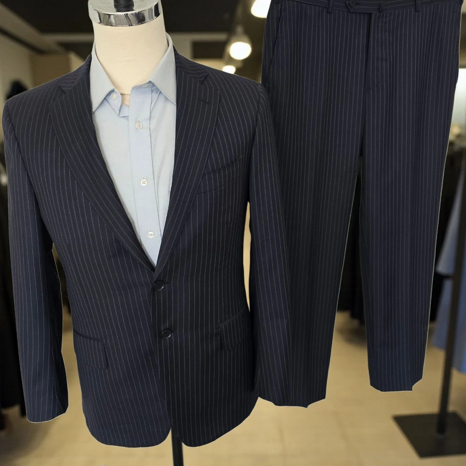 Traje Isaia Napoli 40r 34x29 Azul Marino Super 120s Nuova Base S Rayas 50 Italia Foto 1 de 4