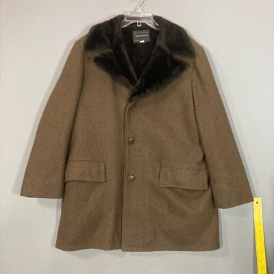 Vintage Towncraft Penneys Brown Wool Faux Fur Lined Jacket Coat Mens 42 3 Button - Image 1 of 4