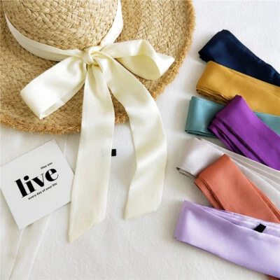 Women Long Scarf Solid Color Narrow Silk Scarf Hairband Wrist Band Bag Hat Decor - Image 1 of 4