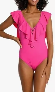 La Blanca Island Goddess Plunge Size 16 Ruffle One Piece Swimsuit Pop Pink NWT $ - Picture 1 of 12
