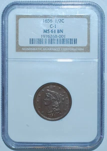 1856 NGC MS61BN Braided Hair Half Cent - Picture 1 of 2