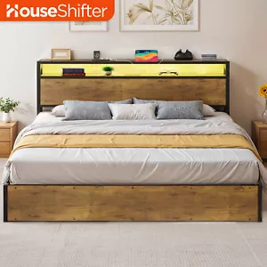 Lift Up Storage King Size Bed Frame LED Lights Built In Headboard Platform 2 USB - Picture 1 of 12