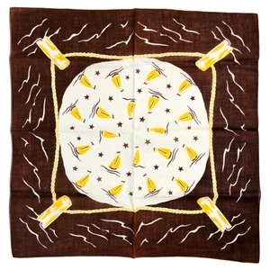 Vintage Nautical Handkerchief Sailboat Ocean Stars MCM Hankie Brown Yellow 17" - Picture 1 of 5