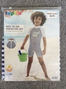 NEW Boys Blue & White Stripe Swimming Costume Sun Rash Suit Age 1-2 Years UV50+