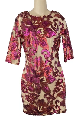 Vestido ajustado de lentejuelas Just Me talla PEQUEÑO rojo rosa floral cóctel fiesta funda Foto 1 de 4