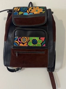 Faux Leather Floral Embroidered Boho Backpack Purse - Picture 1 of 14