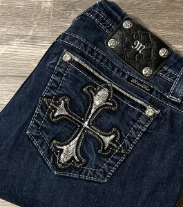 Miss Me Cross Embroidered Mid Rise Dark Wash Easy Boot Jean SZ 29 (32x29) - Picture 1 of 12