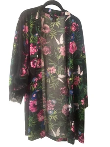 Victorias Secret Black Floral Kimono Robe Satin With Lace Trim - XS/S - Picture 1 of 6