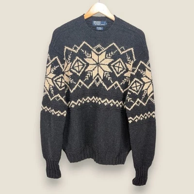 Polo Ralph Lauren Hand Knit Snowflake Sweater Men Medium Gray Beige Nordic - Image 1 of 4