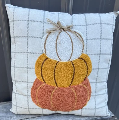 Pumpkin Stack Embroidered Pillow Harvest Fall Burlap Beige Tan Checker 16x16 - Image 1 of 4