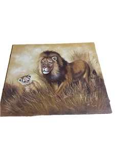 Vintage Large Lion And Cub Oil Painting 24 “ Wide 20” Tall - Picture 1 of 12