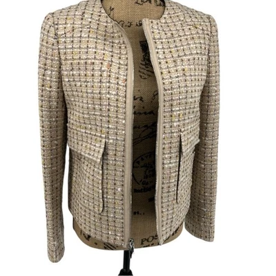 Blazer de lujo Tory Burch mezcla de lana tweed talla 2 beige dorado Boucle Foto 1 de 4