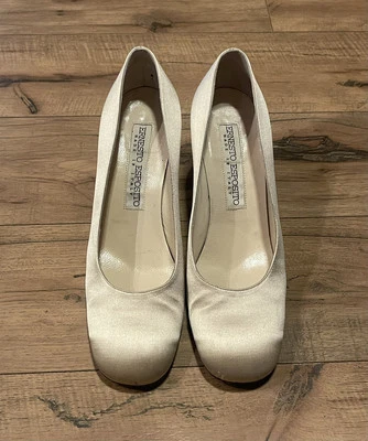 Vintage Shoes by Ernesto Esposito Satin Cream Beige Beaded Heels Italy Size 37.5 - Image 1 of 4