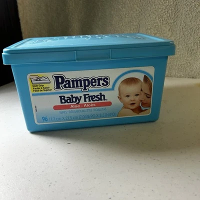 Recipiente de plástico azul vacío Pampers Baby Wipes Baby Fresh Aloe 1998 vintage Foto 1 de 4