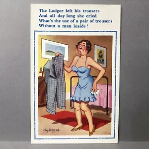 Postkarte Donald McGill Comic Der Mieter ließ seine Hose ohne Mann drin - Bild 1 von 2