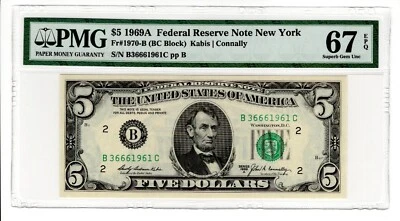 TOP POP  $5 1969A FRN NEW YORK SUPERB GEM PMG 67EPQ FR 1970B  BC Block - Image 1 of 2