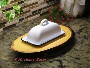Neu Emailleware Butterschale Retro Vintage-Stil weiß mit schwarzem Borte - Bild 1 von 3