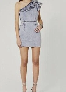 IRO Sagama Dress Moonlight Wash Denim Ruffle One Shoulder Mini Dress 10 - Picture 1 of 14