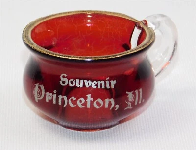 Antique Ruby Stained Souvenir Glass Mini Mug Princeton Illinois Toothpick Holder - Image 1 of 4