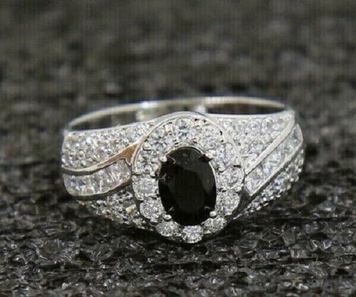 Oval Cut Simulated Black Diamond Pretty Engagement Ring In 14k White Gold Plated