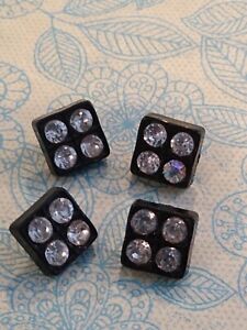 Vintage Small Black Sparkling Rhinestone Square Plastic Buttons Set of 4 (3/8")