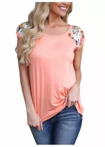 Kurzärmelige Damen-T-Shirts Freizeit Blumenmuster Farbblock Tops - L - Bild 1 von 4
