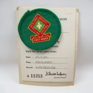 British Red Cross First Aider Patch Vintage 1991 Warwickshire Certificate - Bild 1 von 6