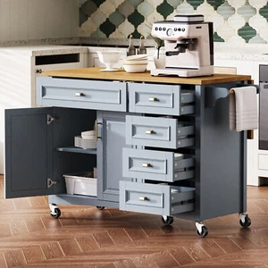 52'' Kitchen Island with Drop Leaf, Embossed Texture Kitchen Island on Wheels - Picture 1 of 11
