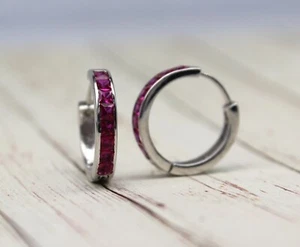 Invisible Setting Ruby Simulated925 Sterling Silver Earring ClassyHoop Earrings. - Picture 1 of 5
