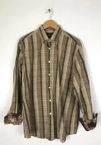 JOSEPH ABBOUD Mens Size Large Brown Plaid Paisley Contrast Cuff Dress Shirt - Picture 1 of 5