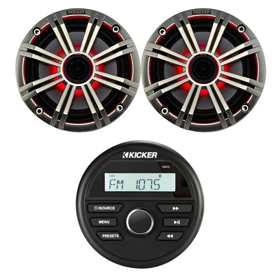 INFINITY-KICKER Kicker Marine Gauge Bluetooth Radio, 2x 6.5" 195W LED Speakers, Silver Grilles