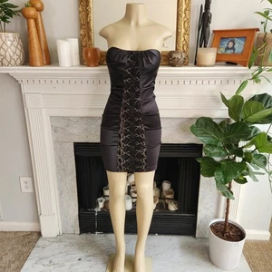 Black Ruched Satin Mini Dress Snake Print Glitter Y2K Rockstar Girlfriend Size 6 - Picture 1 of 5