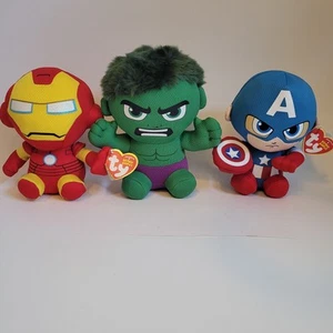 TY Marvel Hulk Iron Man Captain America Plushes 6" New Tags Great See Descript! - Picture 1 of 18