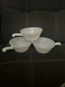 3 Vntg Fire King Soup Bowls w/ Handles, White 1 Is Ribbed, 2 Are Smooth - Picture 1 of 2