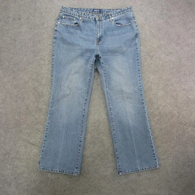 Pantalones de mezclilla para mujer Zana-di 20 azul lavado claro corte bota elástico mezcla Ramie bordado Foto 1 de 4