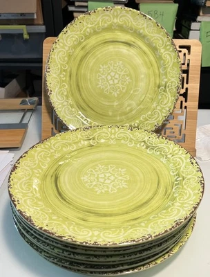 Cynthia Rowley Melamine Dinner Plates Medallion Scroll Lime Green 11” Set Of 8 - Image 1 of 4