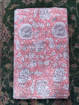 Coral Pink Kantha Quilt | Handmade Floral Cotton Bedspread | Boho Twin Queen - Image 1 of 4