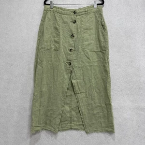 Zara Skirt Womens Large Green Linen Button Front Midi High Waist Raw Hem Pockets - Picture 1 of 13