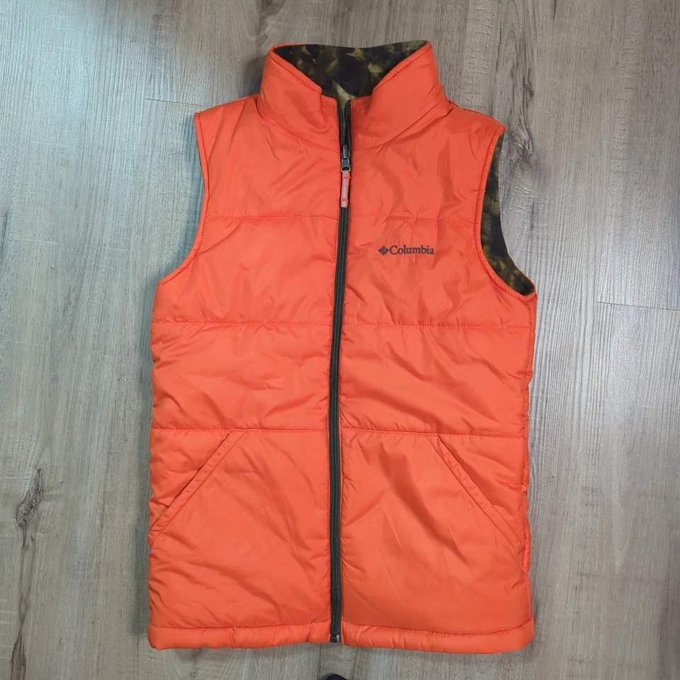 Chaleco polar Columbia Girls reversible naranja brillante/camuflaje roble musgo talla L 14/16 Foto 1 de 4