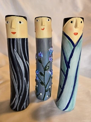 SET OF 3 Boho Art Vase Family Human Face Painting Resin Flower Pot Planter Decor - Image 1 of 4
