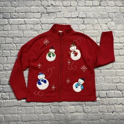 Cárdigan Suéter Navidad Elementos Clásicos Talla L Rojo Cremallera Muñecos de Nieve Abuela Foto 1 de 4