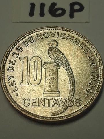 silver 0.720 Guatemala 1943 10 centavos high grade, lustrous~ #116P Cover