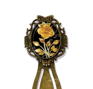Amber Rose Flower Floral Motif Handmade Bookmark Book Lovers Metal Oval Glass - Picture 1 of 4