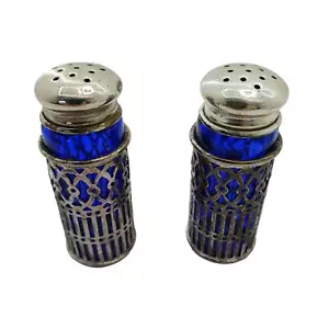 Salero y pimentero vintage Leonard plateado vidrio azul cobalto 2,5 pulgadas - Imagen 1 de 5
