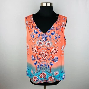 Daniel Rainn DR2 Blue Orange Gray Floral Print Smocked Shoulder Sleeveless Top L - Picture 1 of 7