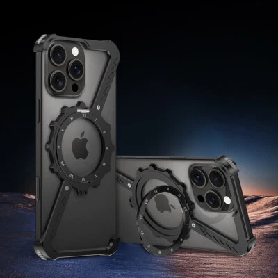 Para iPhone 16 15 14 Pro Max Engranaje Mecánico Metal Sin Marco Magnético Estuche Soporte Foto 1 de 4