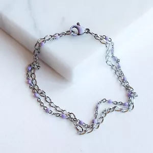 Silver and Lilac Enamel Bracelet, Delicate Pale Violet Wrist Chain - Picture 1 of 6